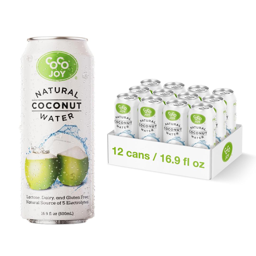 Coco JoyNatural Coconut Water, 100% Coconut Water, Fresh, Low-Calorie, High-Calcium, Nutrient-Rich Coconut-Water Drink with Electrolytes, Potassium, and Other Nutrients, 12 pack