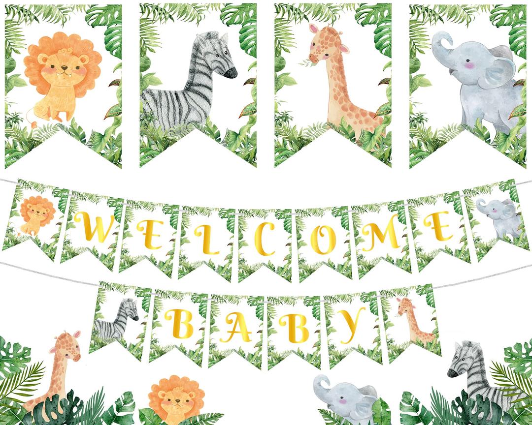 Spakon Safari Welcome Baby Banner, Jungle Animals Baby Shower Banner, Tropical Palm Leaves Lion Elephant Giraffe Party Decoration for Jungle Themed Baby Shower Gender Birthday Party Supplies