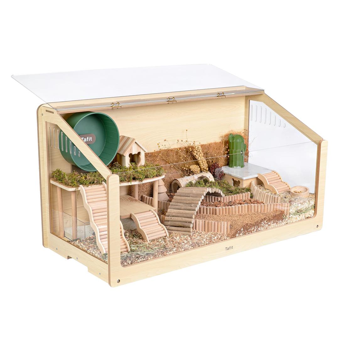 Tafit Large Wooden Hamster Cage 40" Small Animals Cage with Openable Top for Dwarf Syrian Hamsters, Gerbils, Hedgehogs, Mice, Rats, Small Pets Wood Habitat Play House with Acrylic Sheets