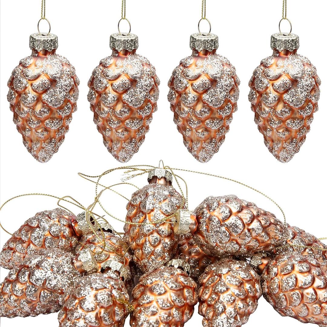 FUSU 12 Pcs Christmas Pinecone Glass Ornaments- Fall Hanging Pine Cone Painted Glass Ornaments- Glitter Pinecone Christmas Ornament for Xmas Tree DIY Crafts Christmas Decoration