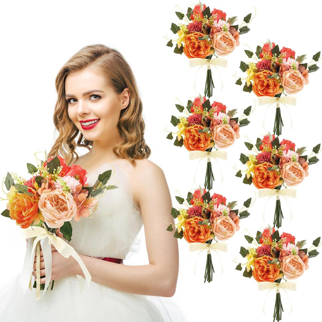 12 Pcs Wedding Bouquets for Bride Bridesmaid Bouquet Tossing Bridal Bouquet Artificial Fall Flowers Orange Fall Wedding Decorations for Ceremony Anniversary Party DIY Arrangement, 2 Style