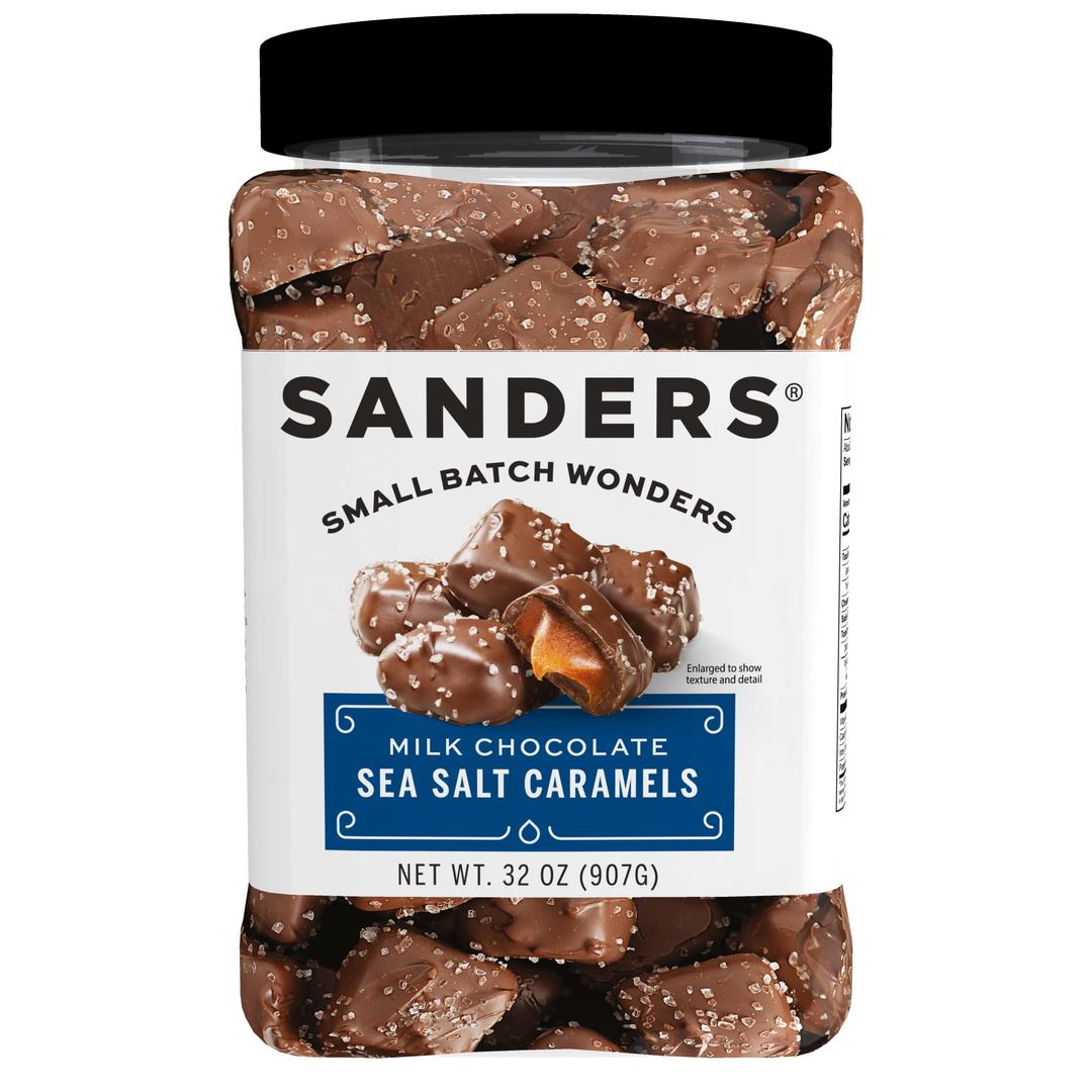 Sanders Milk Chocolate Sea Salt Caramels (32 oz Tub) – Handcrafted Small Batch Slow Cooked Caramel, Sea Salt Chocolate with Rich Indulgent Flavor, Sweet & Salty