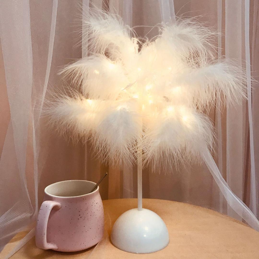 HICITI Feather Table Lamp DIY Warm Light LED White birch Willow Branch Cherry Plum Blossom Tree Light Table Lamp For Christmas Wedding Home Bedroom Decor (White Feather)