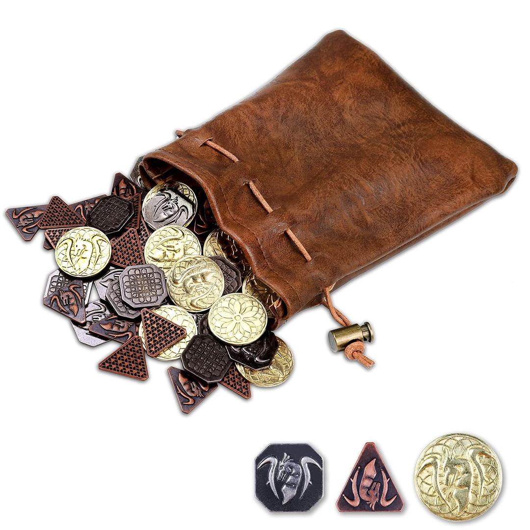 Byhoo 60PCS DND Coins with Leather Pouch, Gold, Silver and Copper Coins in Metal Coins, Fantasy Coins for Board Games, Fake Coins for Games Tokens, Role-Playing Coins of Dungeons and Dragons