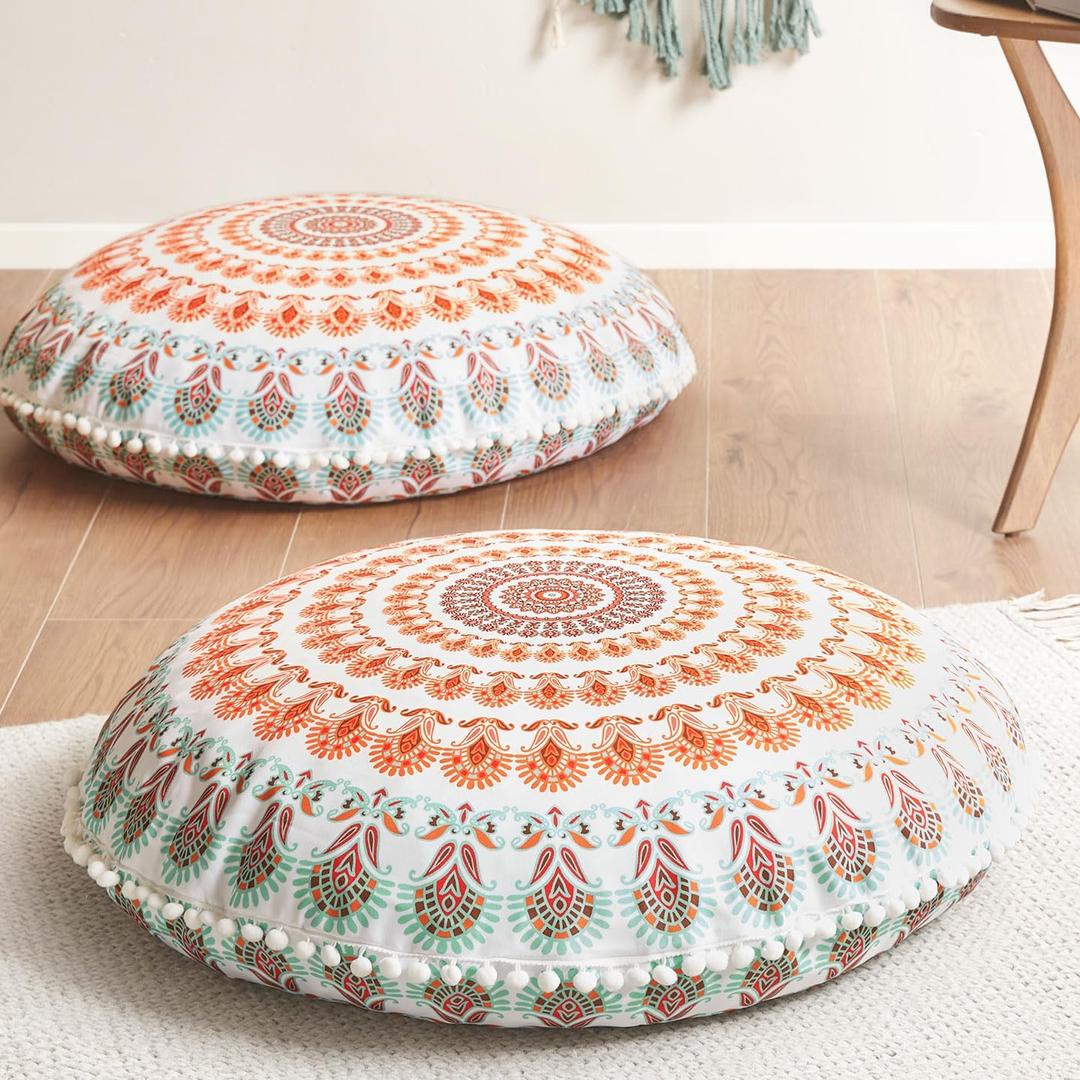 Codi Meditation Floor Pillow Set of 2, Round Large Pillows Seating for Adults, Bohemian Mandala Circle Cushions for Outdoor Fireplace Yoga Living Room, 32 Inch, Memory Foam Added, Coral