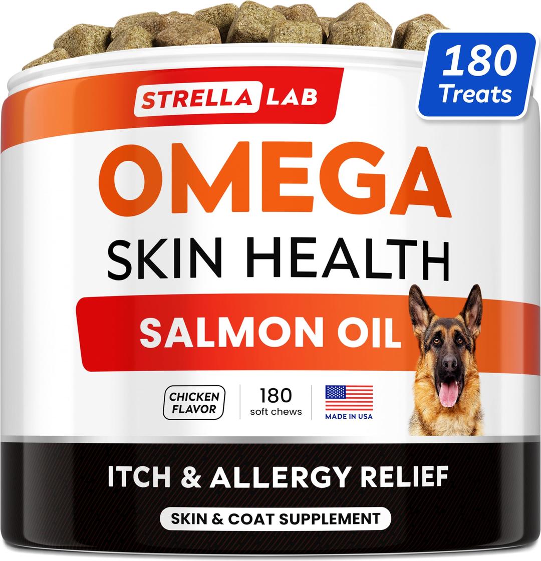 StrellaLab Omega 3 for Dogs - (180Ct) Fish Oil Treats - Allergy & Itch Relief Skin&Coat Supplement - Dry Itchy Skin, Shedding, Hot Spots Treatment, Anti Itch - Pet Salmon Oil Chews - Chicken Flavor