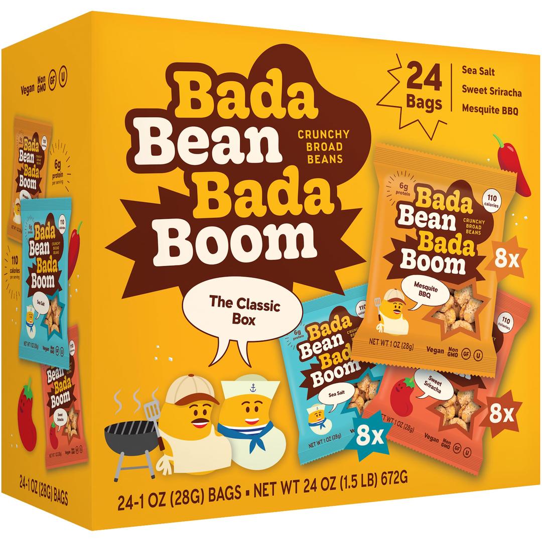 Bada Bean Bada Boom Plant-Based Protein, Gluten Free, Vegan, Crunchy Roasted Broad (Fava) Bean Snacks, 110 Calorie Packs, The Classic Box Variety Pack, 1 Ounce (Pack of 24)