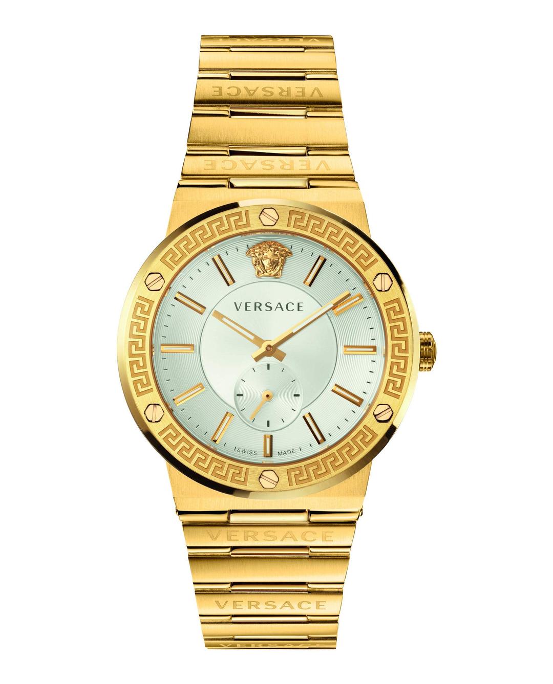 VersaceGreca Logo Collection Luxury Mens Watch Timepiece with a Gold Bracelet Featuring a Gold Case and Silver Dial