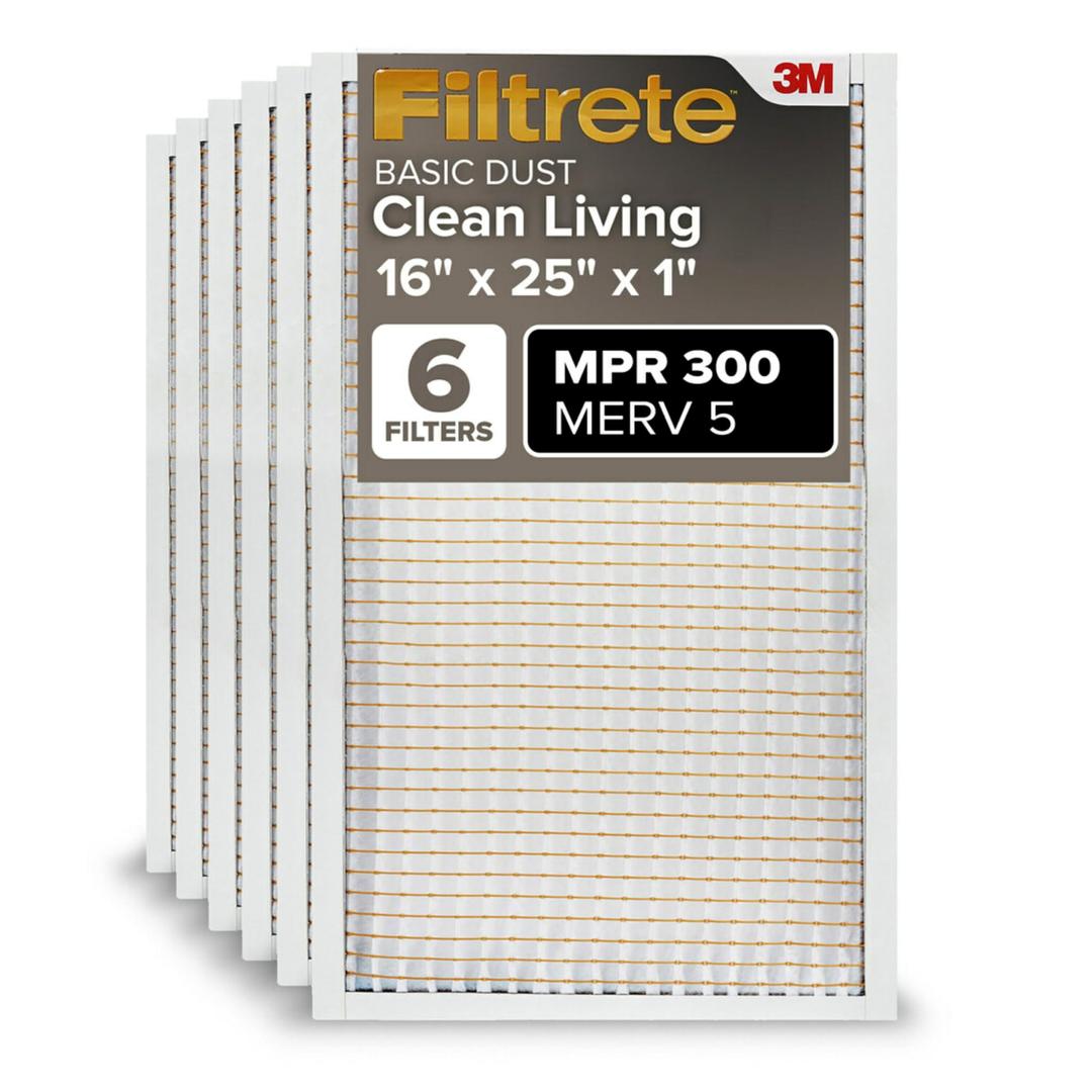 Filtrete 16x25x1 AC Furnace Air Filter, MERV 5, MPR 300, Capture Unwanted Particles, 3-Month Pleated 1-Inch Electrostatic Air Cleaning Filter, 6-Pack (Actual Size15.69x24.69x0.81 in)