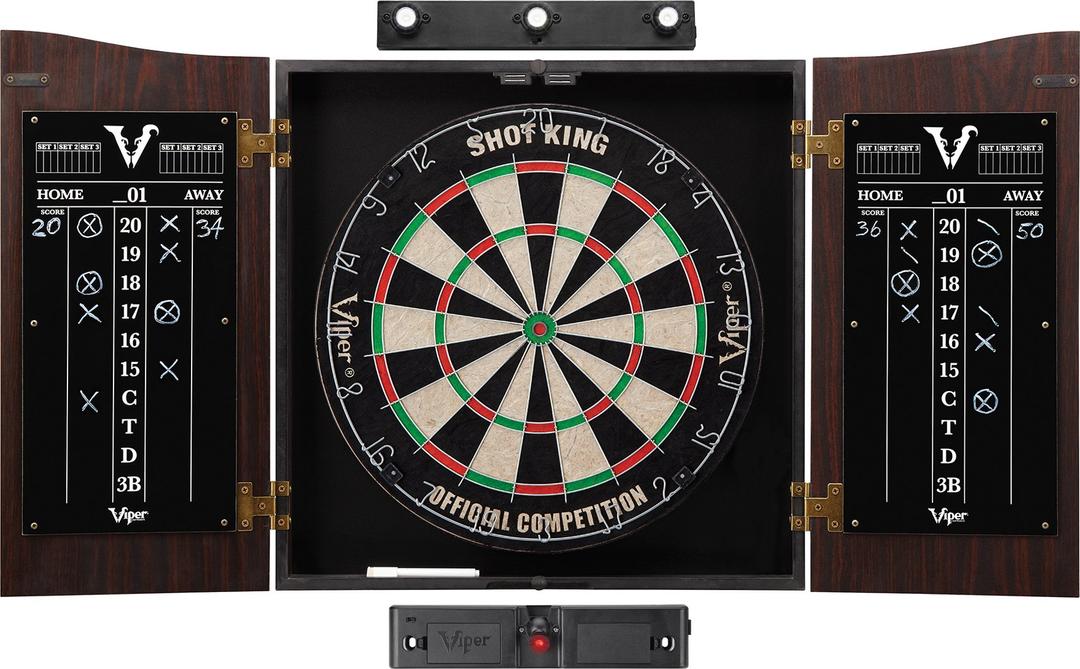 Viper Vault Cabinet & Shot King Sisal/Bristle Dartboard Ready-to-Play Bundle with Two Sets of Steel-Tip Darts, Throw Line, and Dry Erase Scoreboards, Walnut Finish