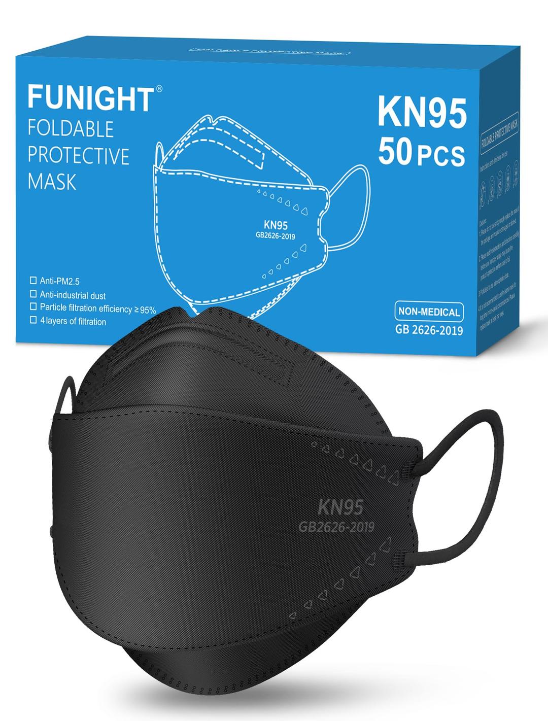 FunightKN95 Face Masks 50 Pack for Adults, Breathable and Comfortable KN95 Mask with Elastic Ear Loop, Filter Efficiency≥95%, Black