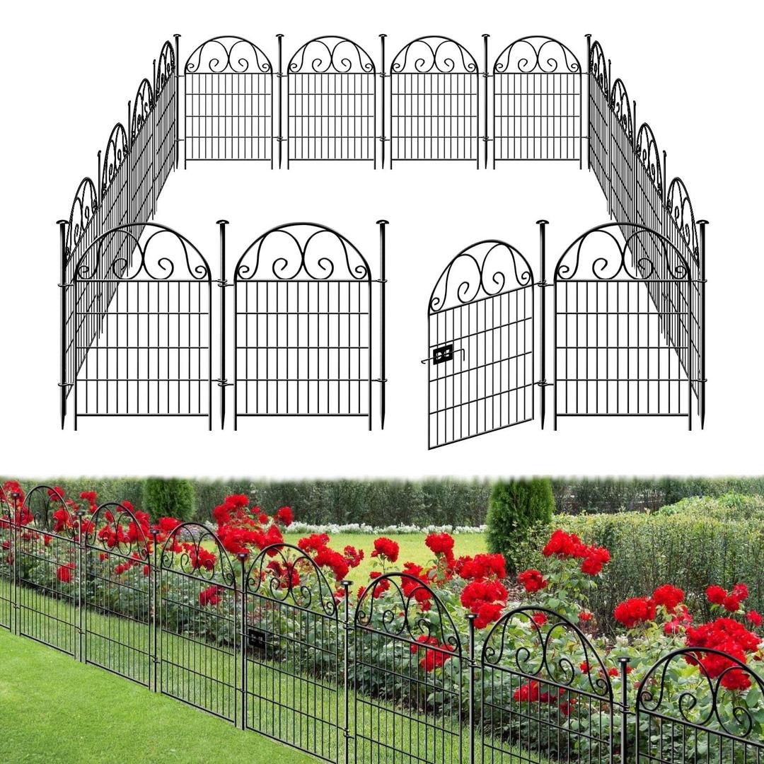 Tall Garden Fence Animal Barrier with Gate, 40 in(H) 12 Panels Garden Fences and Borders for Dogs, Dog Fence Outdoor for Yard, Total Length 27 Ft Metal Temporary Fencing, Flower Bed Fencing