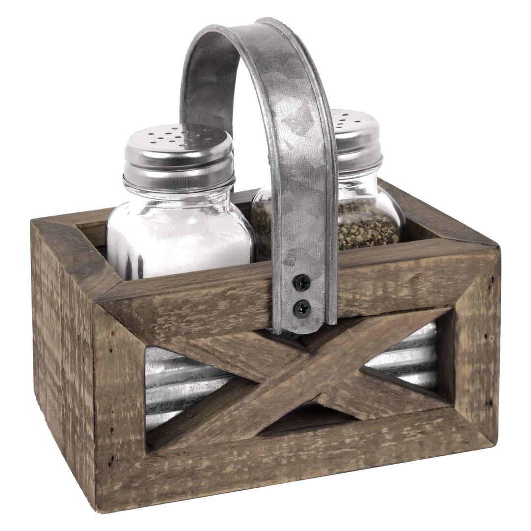 Autumn Alley Barn Door Rustic Salt and Pepper Shakers Set in Wood and Galvanized Caddy | Farmhouse Salt and Pepper Shakers For Rustic Kitchen Decor | Rustic Kitchen Accessory for your Country Kitchen