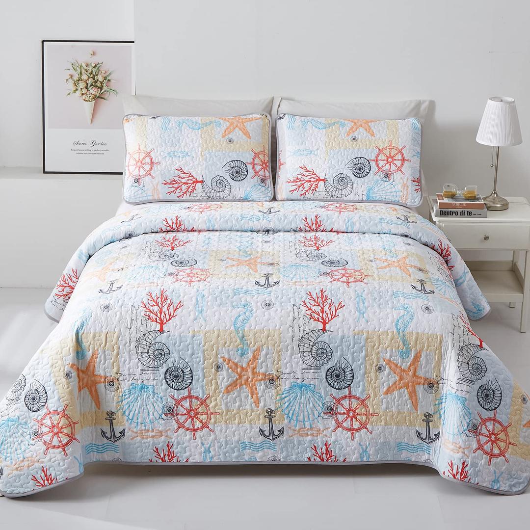 Ocean Quilt Set Queen Size Coastal Beach Theme Bedding Lightweight Starfish Seashell Conch Bedspread Coverlet Seaweed Coral Bed Cover with 2 Pillow Shams All Season 90"x90"