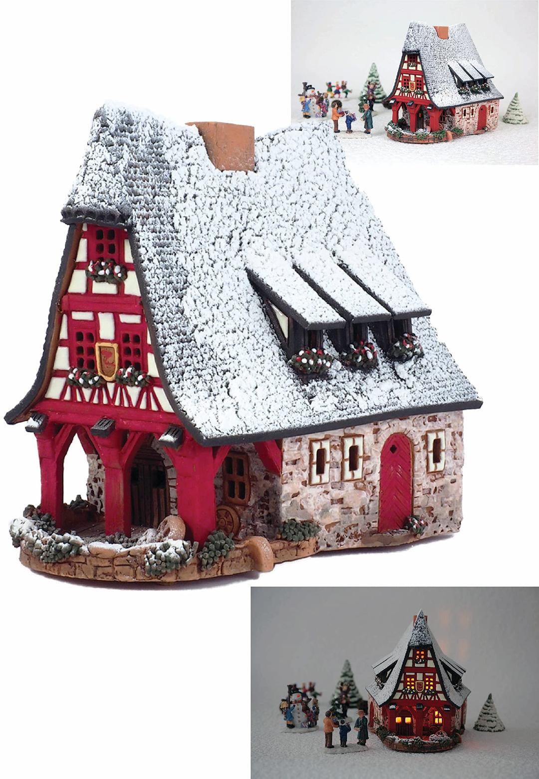 Midene Christmas Village Ceramic Miniature House of The Original Old Smithery in Rothenburg Winter Edition Tealight Candle Holder Handmade Collectible