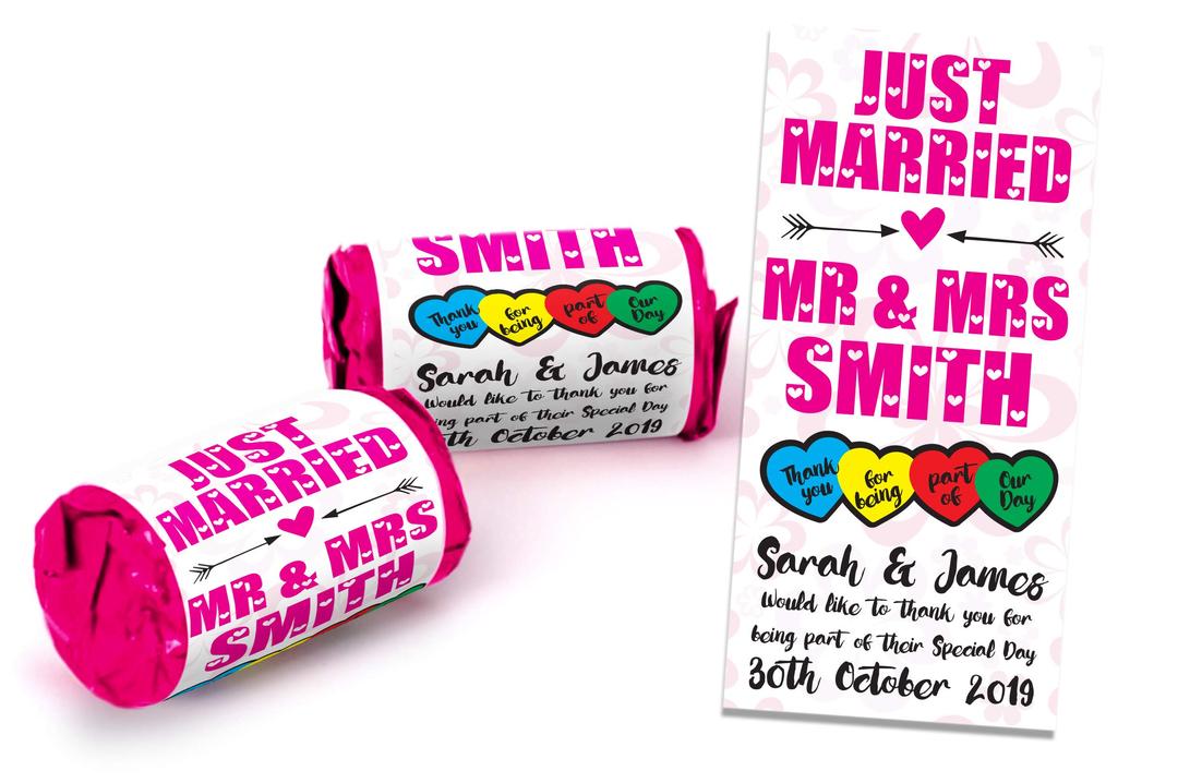 Personalised Pink Mini Love Hearts Sweets Wedding Favours Just Married for Guests Gift Thank You Table Favours. Each roll Contains 7 Individual Sweets Suitable for Vegetarians (40)