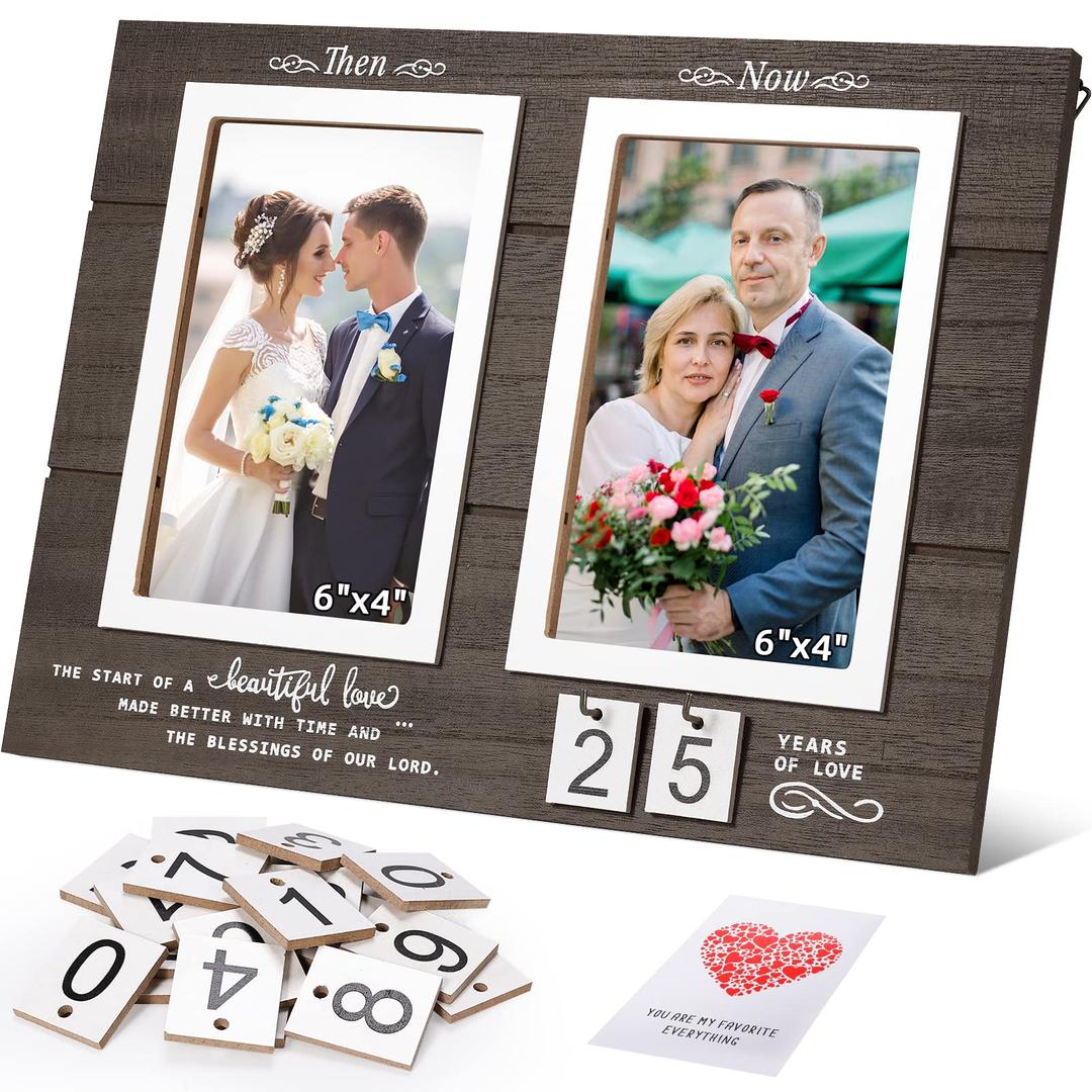 Then & Now Celebrate Years of Love Anniversary Frame, 1-99 Years Wedding Gift Ideas - Anniversary Wood Photo Frame, Engagement Bridal Shower Gifts with Sentimental Quote - Holds 2 4x6 Inches Photos (Then & Now)