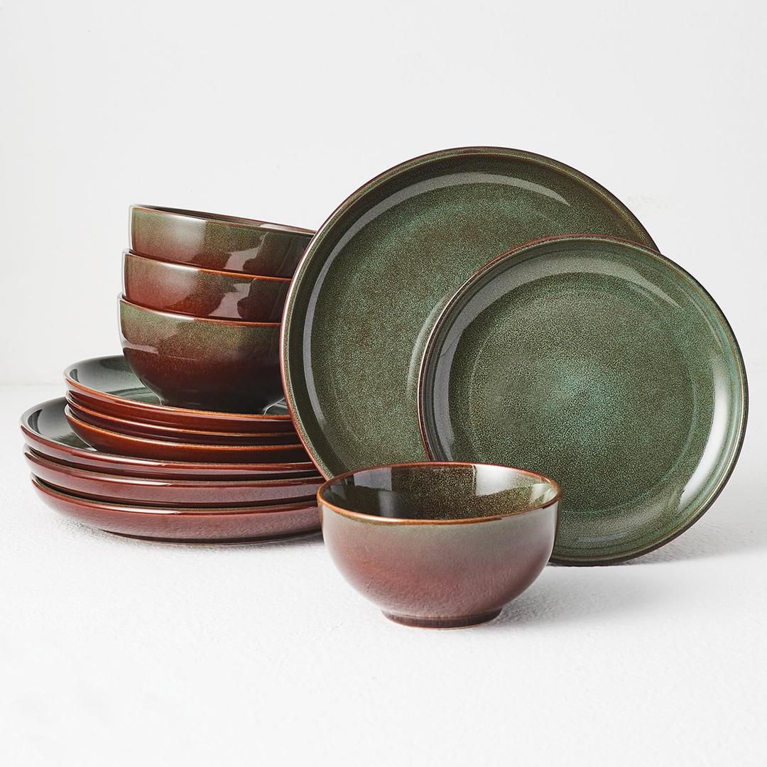 Pokini Stoneware Dinnerware Sets Service for 4, 12 pcs Reactive Glaze Plates and Bowls Sets, Handmade Ceramic Dish Set, Highly Chip and Crack Resistant Modern Plate Set, Sage Green