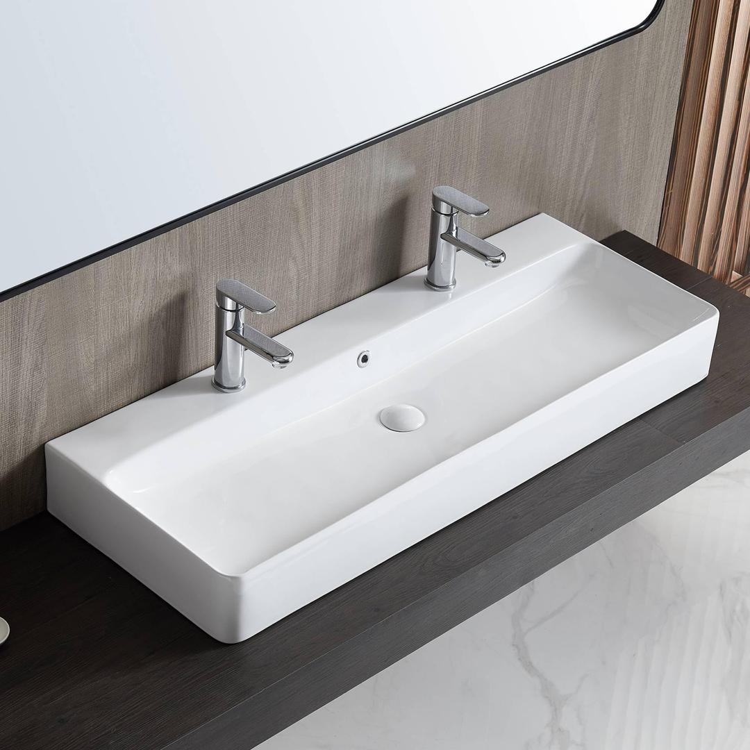 Eridanus Bathroom Sink Rectangle 43" x 16", Two Hole Vitreous Ceramic Vessel Sink, Countertop & Wall Mount, Modern Porcelain Vanity Floating Sink Art Basin Trough with Overflow, Glossy White