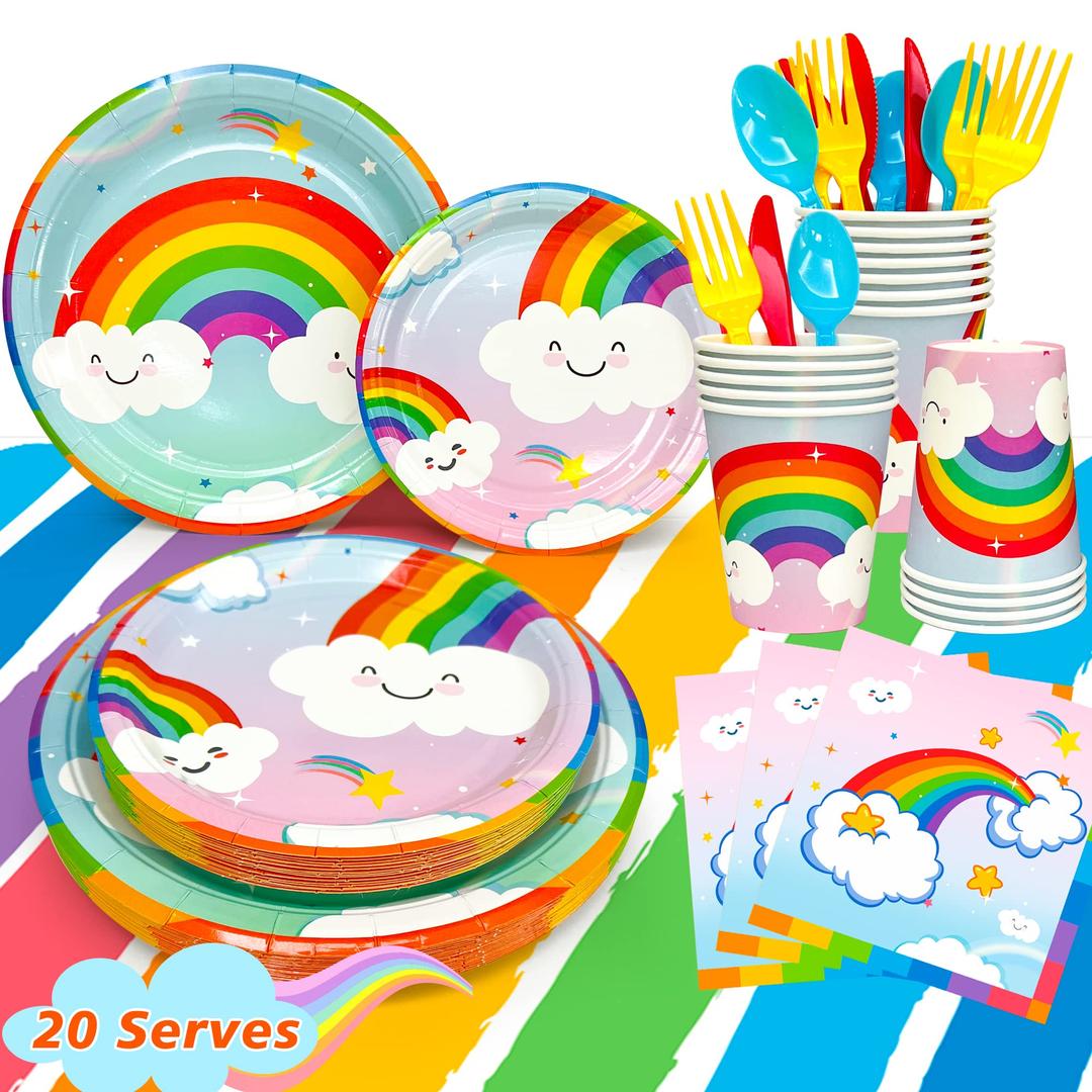 Rainbow Party Supplies,141Pcs Rainbow Party Tableware Set - Rainbow Plates Cups Napkins Table Cloths for Baby Shower,Carnival Themed Rainbow Birthday Party Supplies,Serves 20 Guests