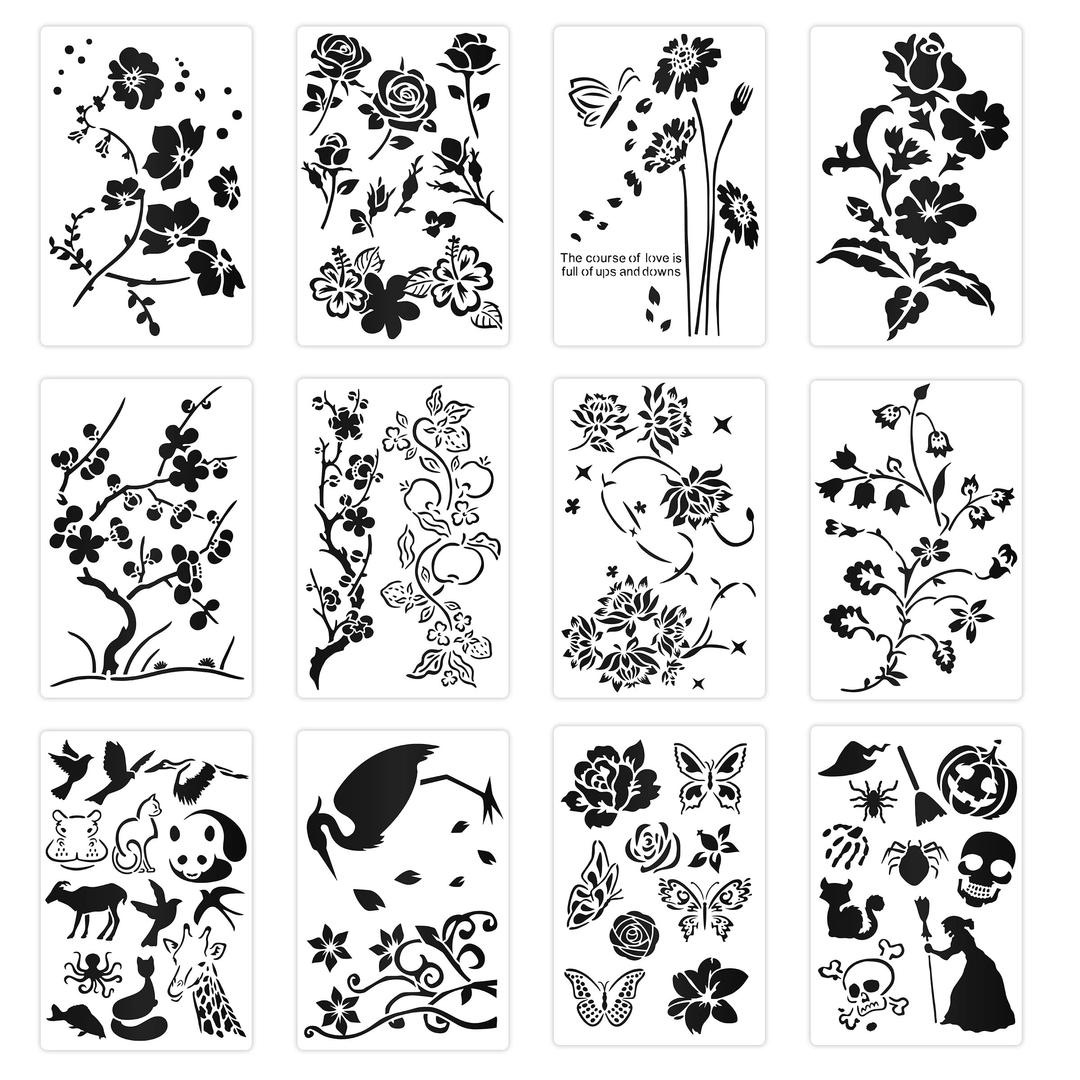 Poproo Stencils for Painting On Wood Crafts Bullet Journal Stencils for Kids Adults Planner Stencils for Journaling Drawing Templates Large, 12 Pack