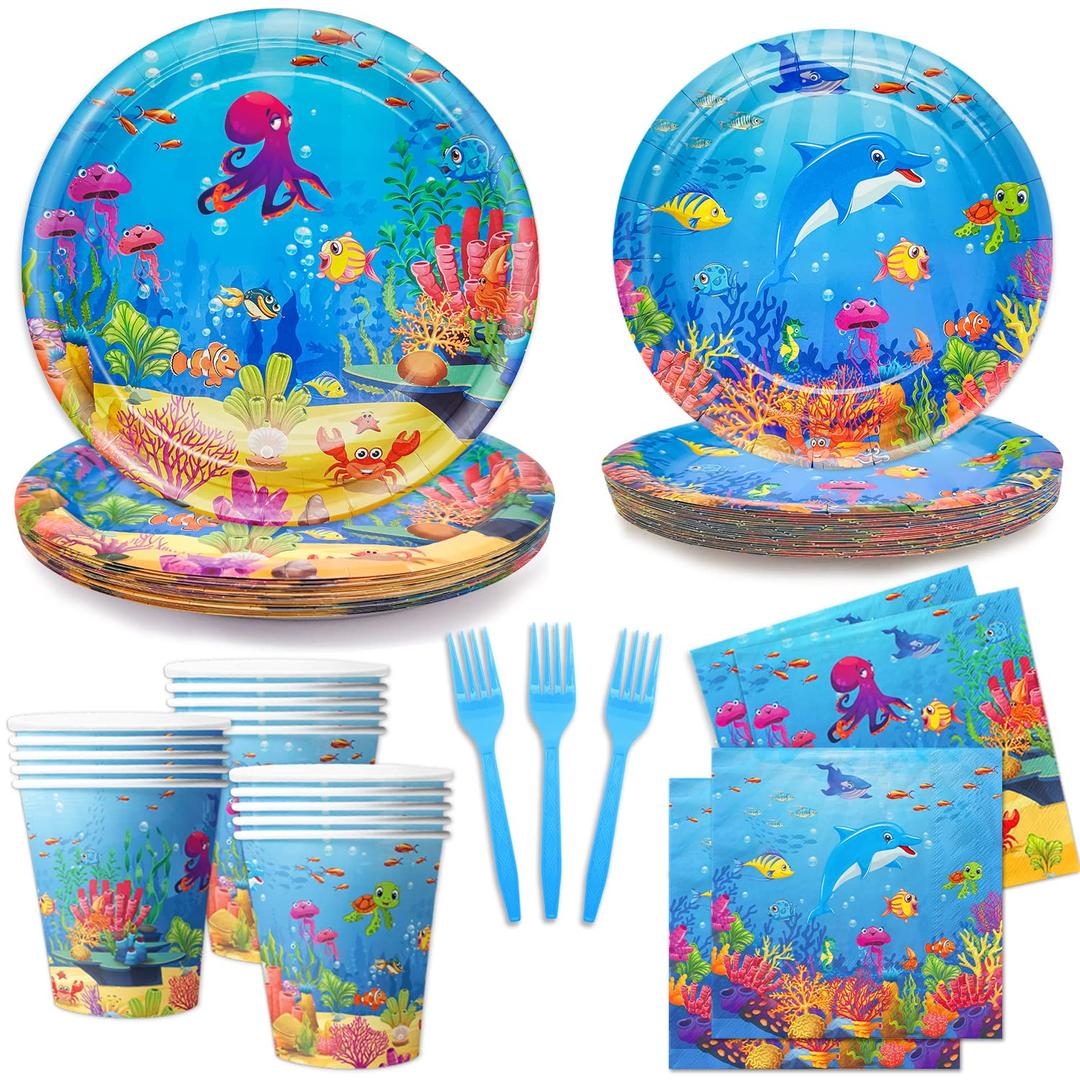 120 Pcs Under the Sea Party Decorations Ocean Birthday Party Plates and Napkins Set Sea Animal Theme Tableware Set Underwater Creatures Table Decor Supplies Paper Plates Napkins Cups for 24 Guests