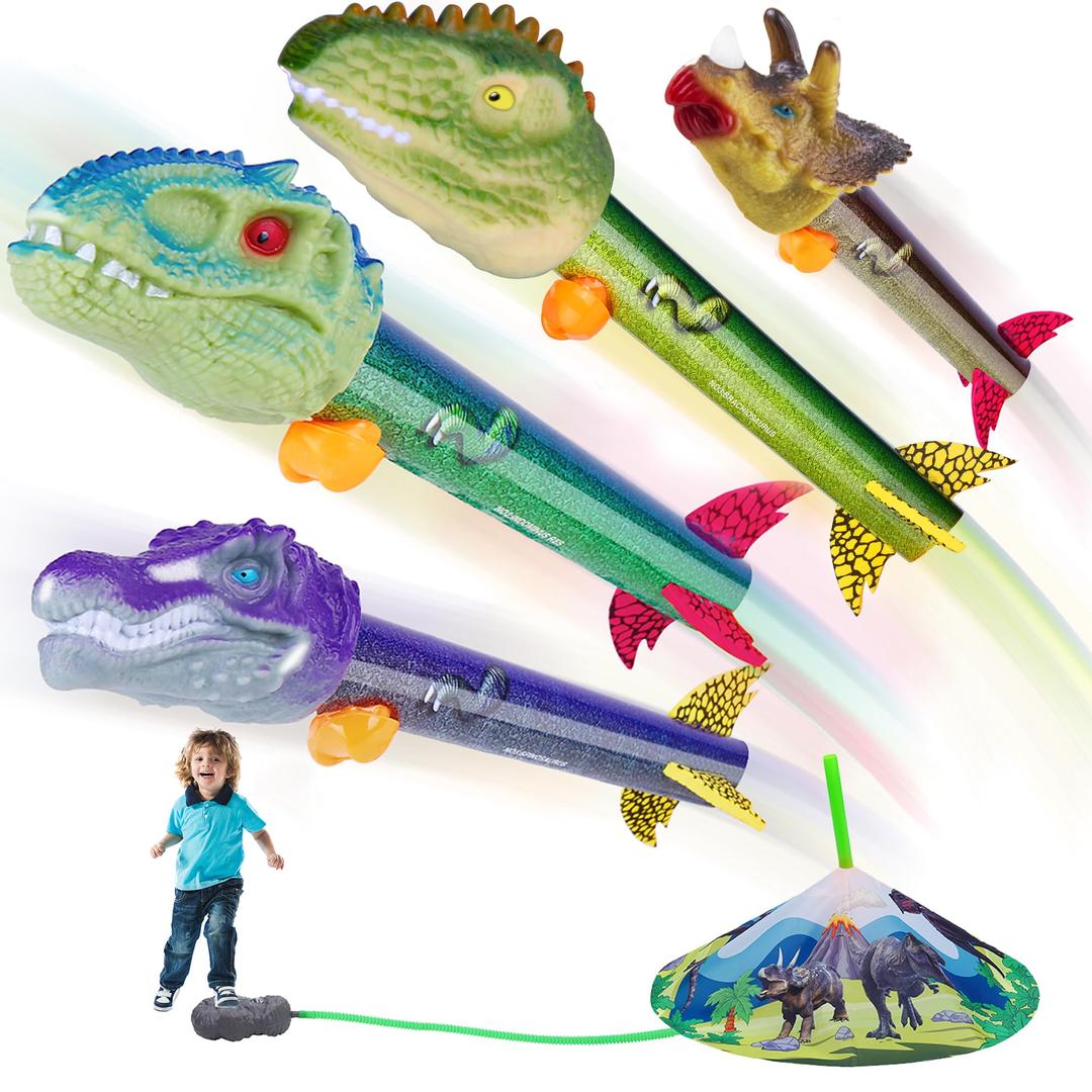 Dinosaur Toy Rocket Launcher for Kids - Launch Up to 100 Ft, 4 Rockets, Outdoor Outside Toys for Kids, Dinosaur Toys, Birthday Gifts for 3 4 5 6 7 8-12 Year Old Boys Girls