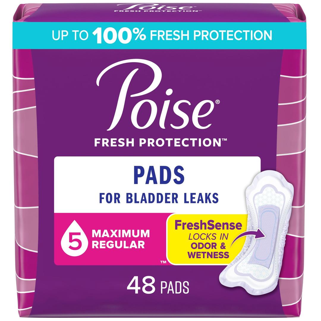 Poise Incontinence Pads & Postpartum Incontinence Pads, 5 Drop Maximum Absorbency, Regular Length, 48 Count, Packaging May Vary