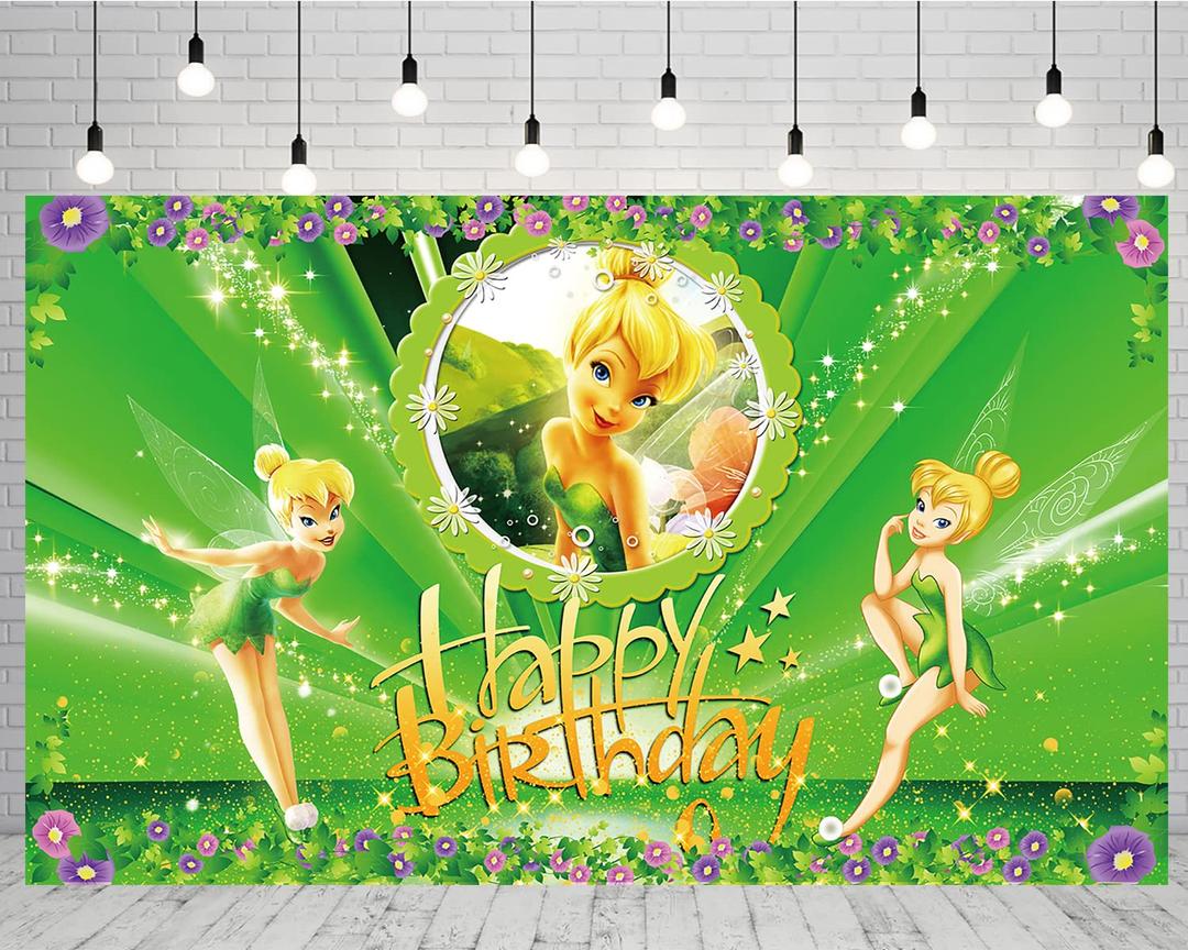 Fairy Backdrop for Tinker Bell Theme Birthday Party Supplies 5x3ft Green Photo Background for Tinkerbell Theme Party Cake