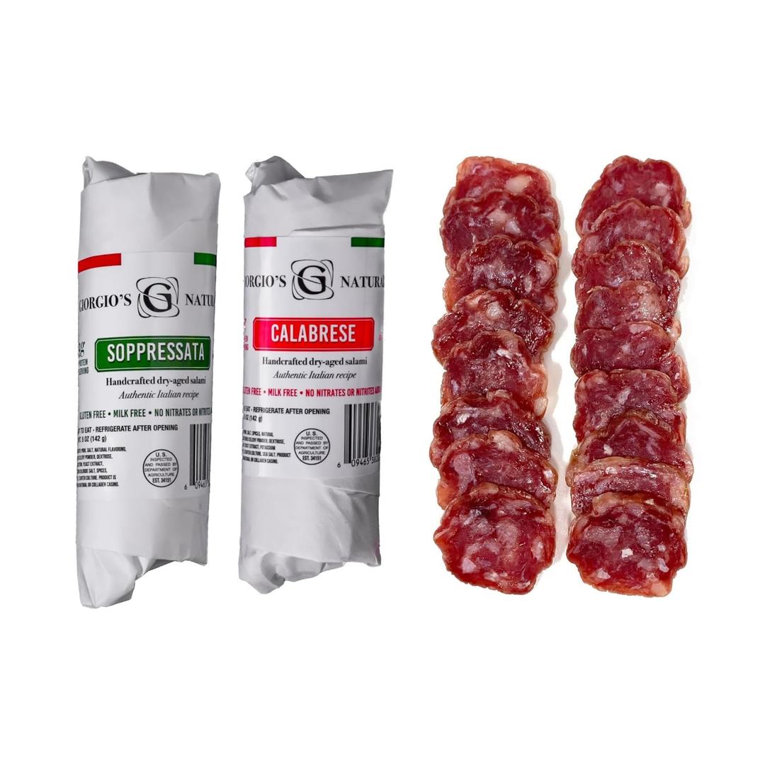 Giorgio’s Naturals Handcrafted Dry-Aged Salami Variety Pack of 2 – Calabrese & Soppressata 5 Ounce, Authentic Italian Sausage, Hard Salami, Charcuterie Meat