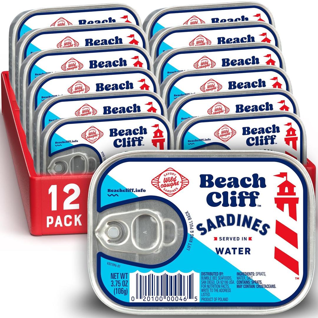 Beach Cliff Sardines in Water, 3.75 oz Can (Pack of 12) - Wild Caught Sardines - 12g Protein per Serving - Gluten Free, Keto Friendly