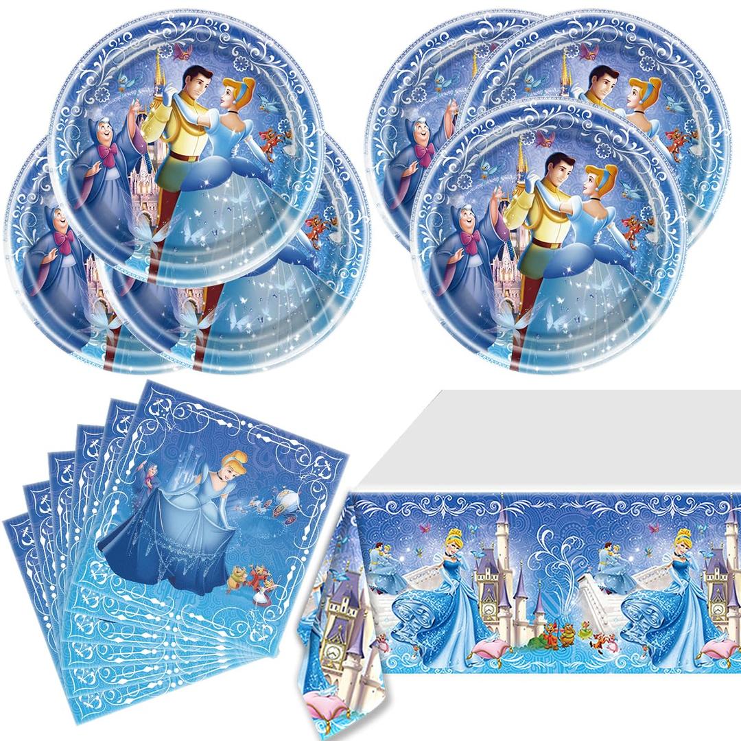 41pcs Cinderella Party Tableware，20 Plates + 20 Napkin 1Tablecloth 74 * 45inch，Cinderella Birthday Party Supplies