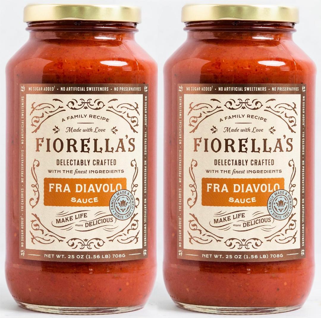 FIORELLA'SFra Diavolo, Arrabbiata Sauce - Tomato Sauce Made with Fresh Ingredients - No Sugar Added, No Preservatives Added, No Artificial Sweeteners, Pasta Sauce, 25 Oz (Pack of 2)