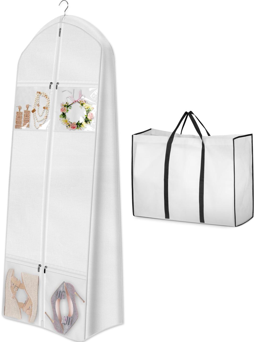 MISSLO Portable 70" Wedding Dress Garment Bag with Bride Tote Bag 8'' Gusseted Dress Bags for Gowns Long 4 Pockets Dress Cover for Women, White