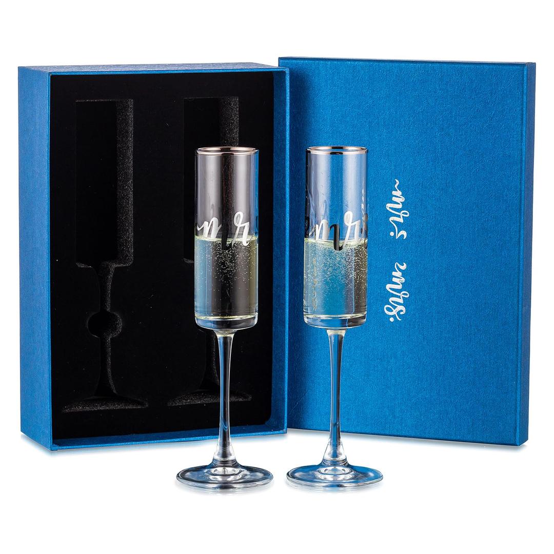 NUPTIO Mr Mrs Champagne Flutes: Set of 2 Wedding Crystal Glasses Silver for Groom Bride Prosecco Flute with Gift Box for Valentines Anniversary Engagement