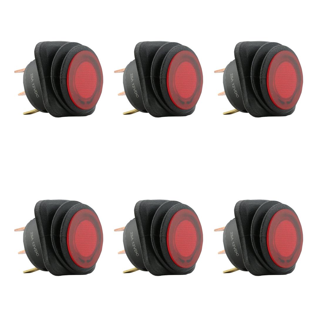 6pc 12V DC SPST Rocker Toggle Switch [Waterproof] [25 Amp] [Red LED] Power ON/OFF Switch for Automotive ATV UTV Boat