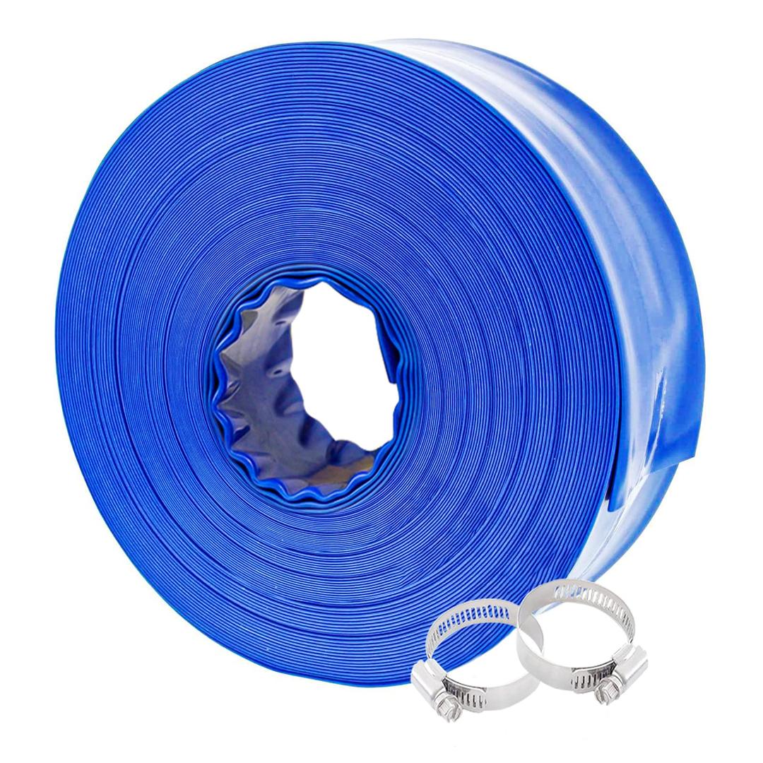 Poolvio 1-1/2" x 100' Professional Blue Backwash Hose with Clamps, General Purpose Reinforced PVC Lay-Flat Water Discharge Hose,for Use While Back-Washing Filters and Draining Pools