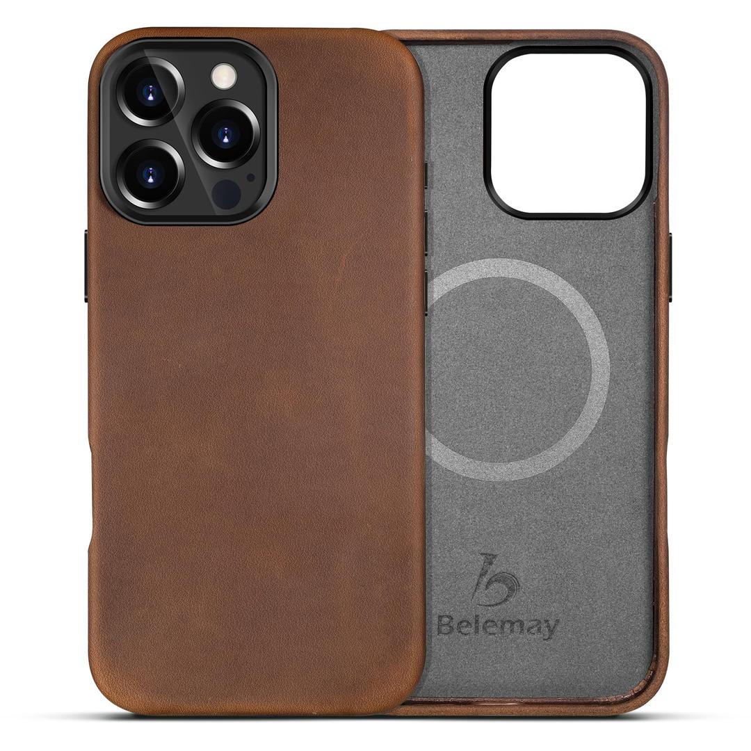 Belemay Compatible with iPhone 16 Pro Max Leather Case, Compatible with Magsafe, Premium Crazy Horse Leather [Vintage Aesthetic] Comfort Grip, Metal Buttons & Camera Bump Frame, (6.9") Classic Brown