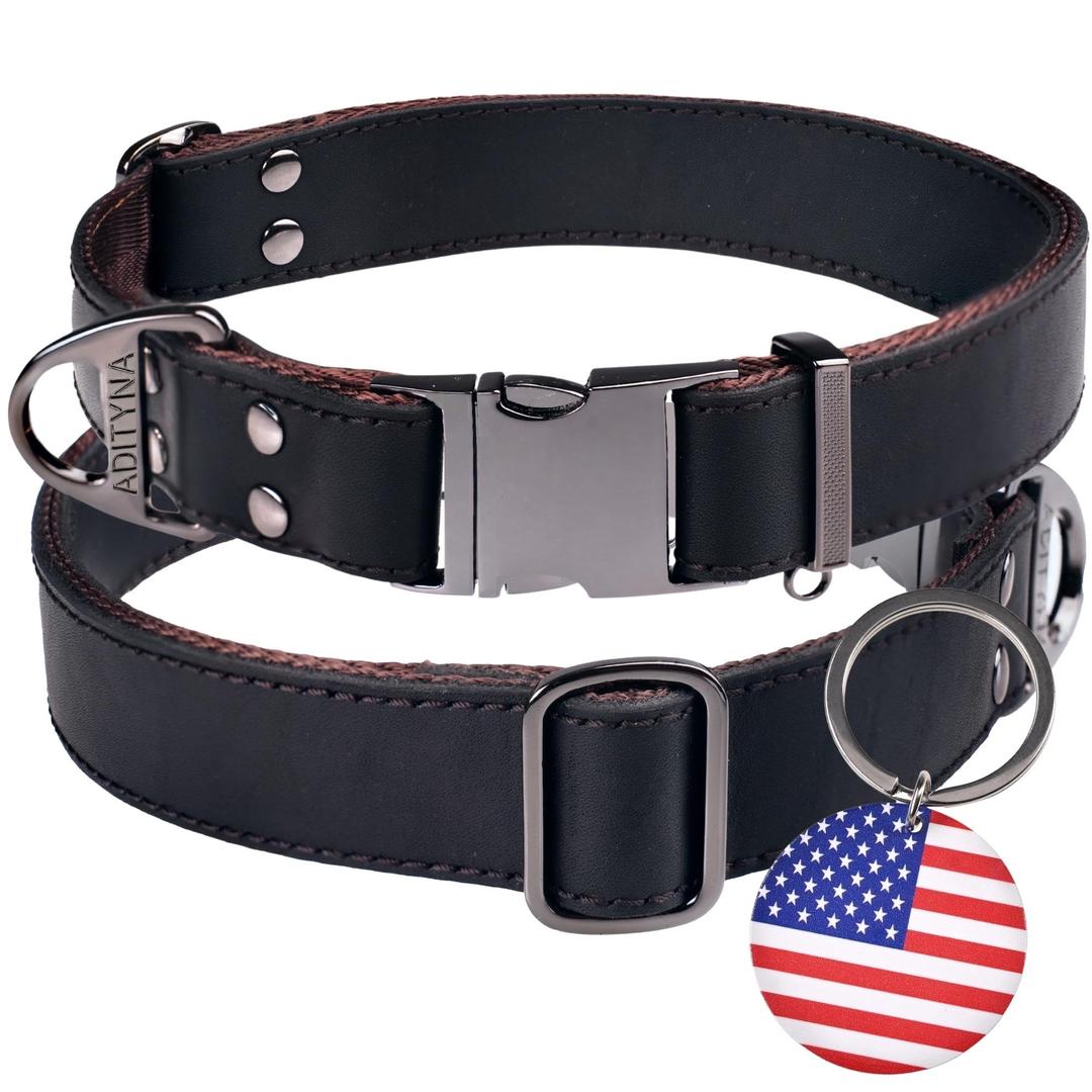 ADITYNA - Leather Dog Collar with Metal Buckle for Medium and Large Dogs - Heavy-Duty, Adjustable, and Tactical Dog Collar (Fit 15-21" Neck, Black)