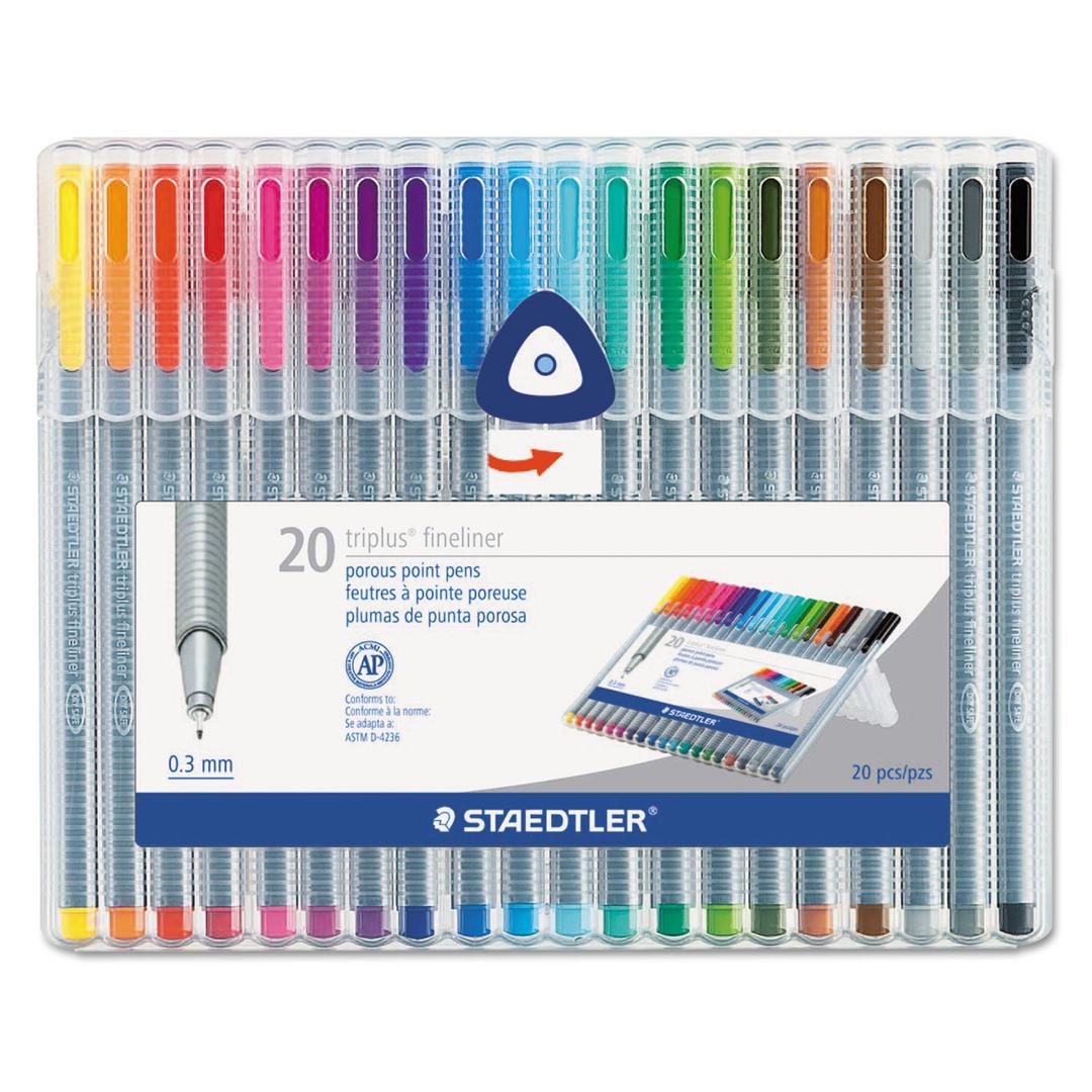 STAEDTLERSTD334SB20A6 Triplus Fineliner Pens, .3mm, Metal Clad Tip, Pack of 20, Assorted Colors