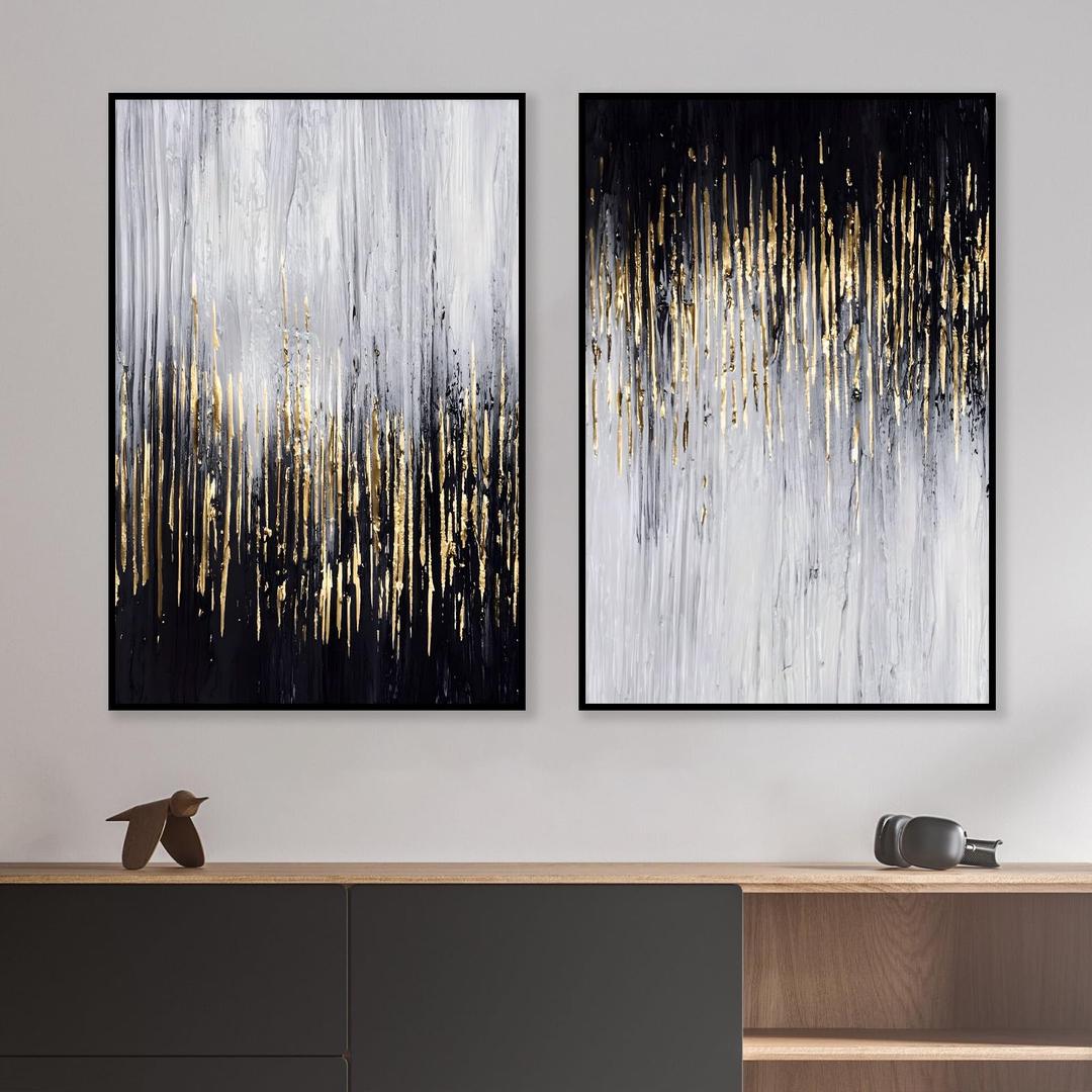 Black White Gold Abstract Wall Art Black and Gold Abstract Painting Gold and Black Foil Wall Art Black White Gold Poster Grey and Gold Abstract Wall Art Wall Decor for Living Room 16x24inchx2 No Frame