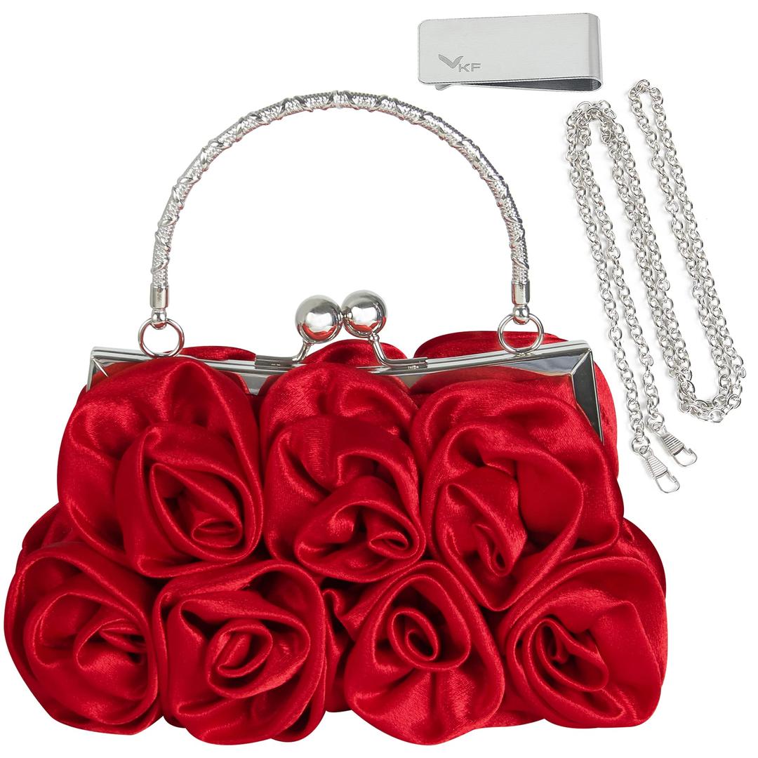 kiloflyMissy K 7 Roses Clutch Purse, Satin, with Detachable Strap Money Clip