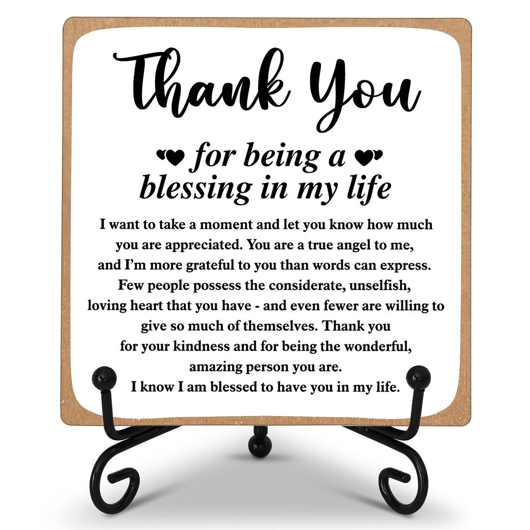 Thank You Gifts for Women Men Friends Mom, Thank You for Being A Blessing in My Life Wooden Plaque with Stand, Thanksgiving Day Gifts for Family Member Desk Decor - B75