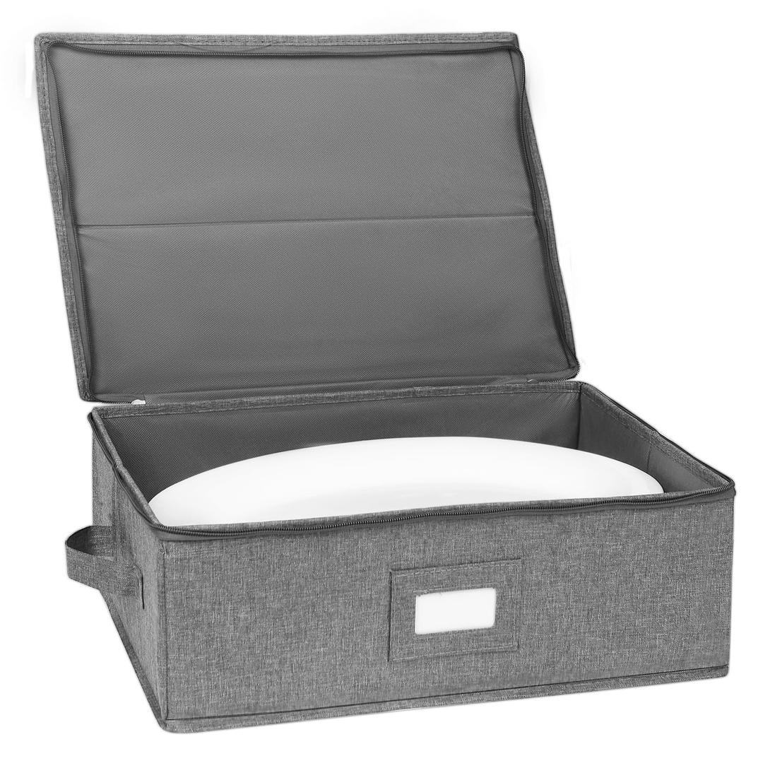 Platter Storage Case, China Storage Containers Hard Shell 17" x 13" x 6", 5 Felt Dividers Included, Structured Top and Stackable (Linen Grey)