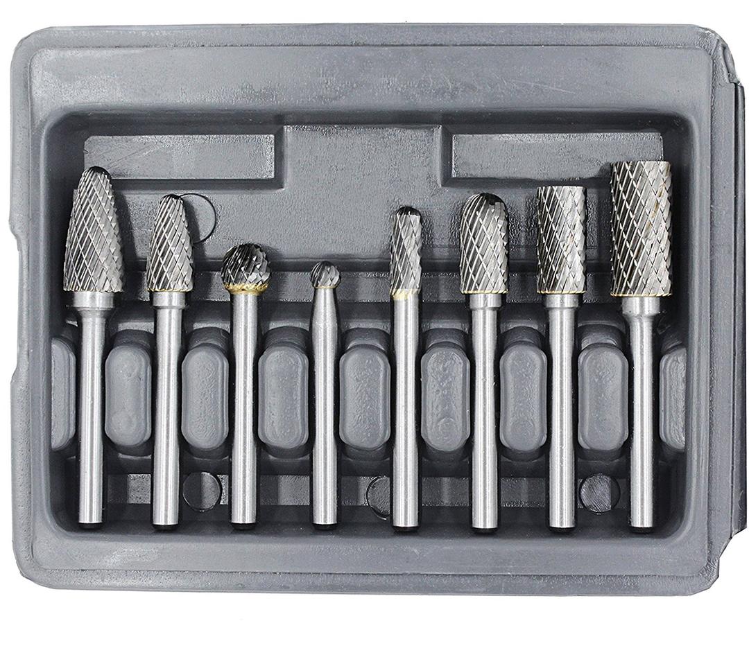 Carbide Burr Set with 1/4''(6.35mm) Shank 8pcs Double Cut Solid Carbide Rotary Burr Set for Die Grinder Drill, Metal Wood Carving, Engraving,Polishing,Drilling