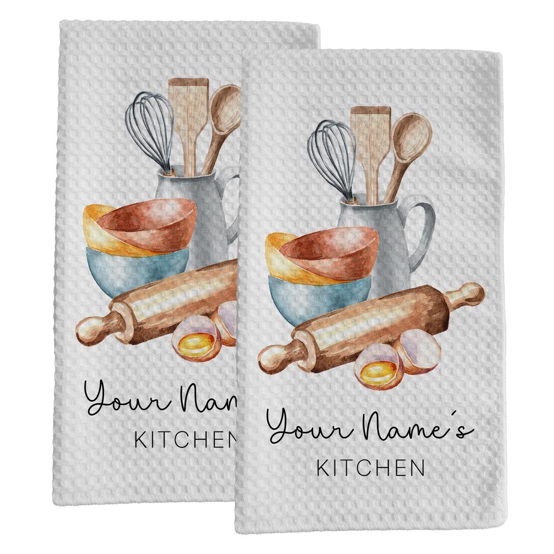 GenericPersonalized Kitchen Towel | Custom Tea Towel | Watercolor Utensil Dish Towel | Kitchen Decor | Hand Towel Gift Set | Waffle Weave Dishcloth (Pack of 2 Towels, Design 2)