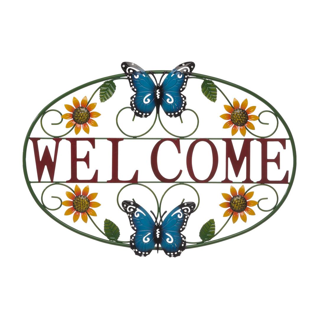 Glitzhome Metal Butterfly Welcome Sign Wall Hanging Outdoor Decorations for Patio and Garden, Blue 23.75-Inch