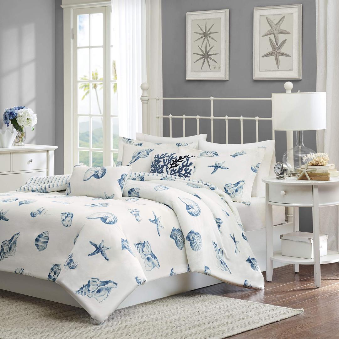 Harbor House 100% Cotton Duvet Cover, Seashells Duvet Cover Set – Light Weight Bed Comforter Covers, Beach House Blue Ivory King/Cal King (106"x90") 3 Piece