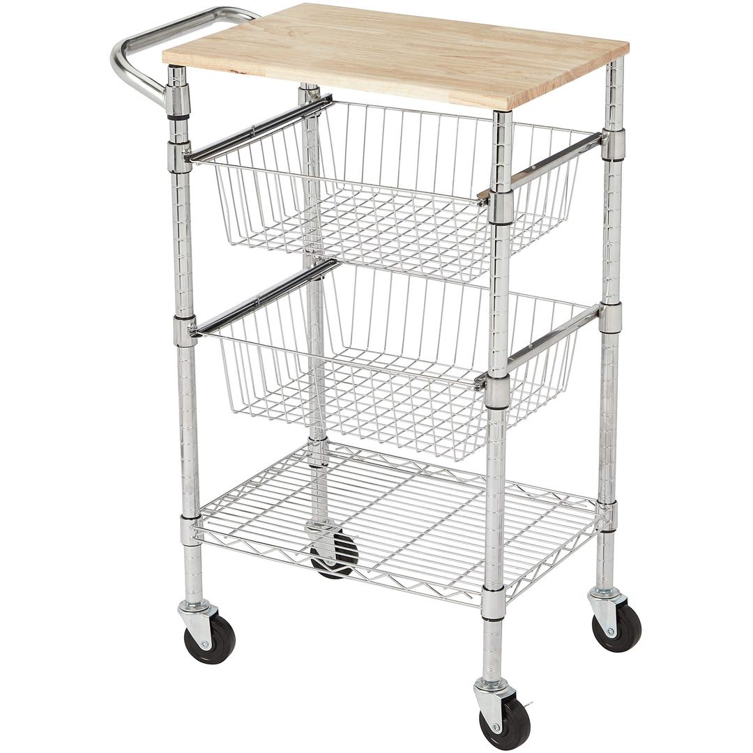 Amazon Basics 3-Tier Metal Basket Rolling Cart with Wood Top, for Kitchen Storage, Silver with Wheels