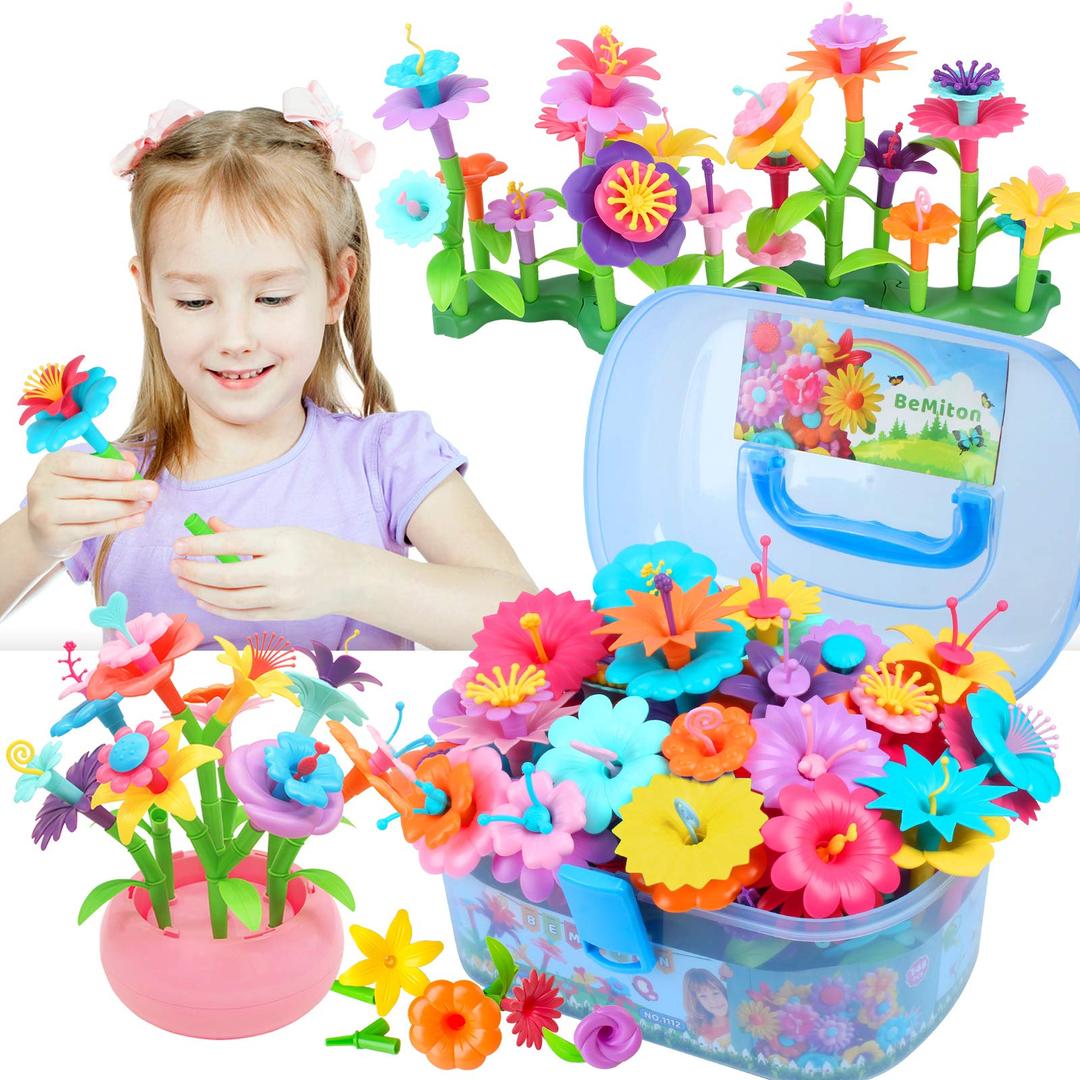 BEMITON Flower Building Toy Set for Girls, Best Birthday Gifts for 3 4 5 6 7 Year Old Kids, Arts and Crafts Kit for Toddlers, STEM Activities and Gardening Pretend Playset, 148 pcs